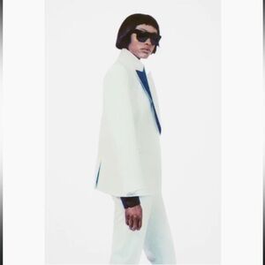Victoria Beckham Suit in sage green with blue lapel